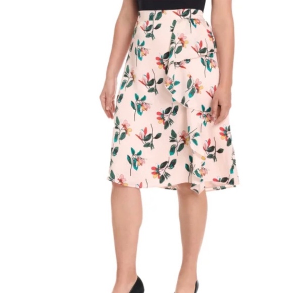 Ted Baker Elegant Side Ruffle Midi Skirt Shell Pink Floral Women's M (8-10) NWT - Picture 2 of 6